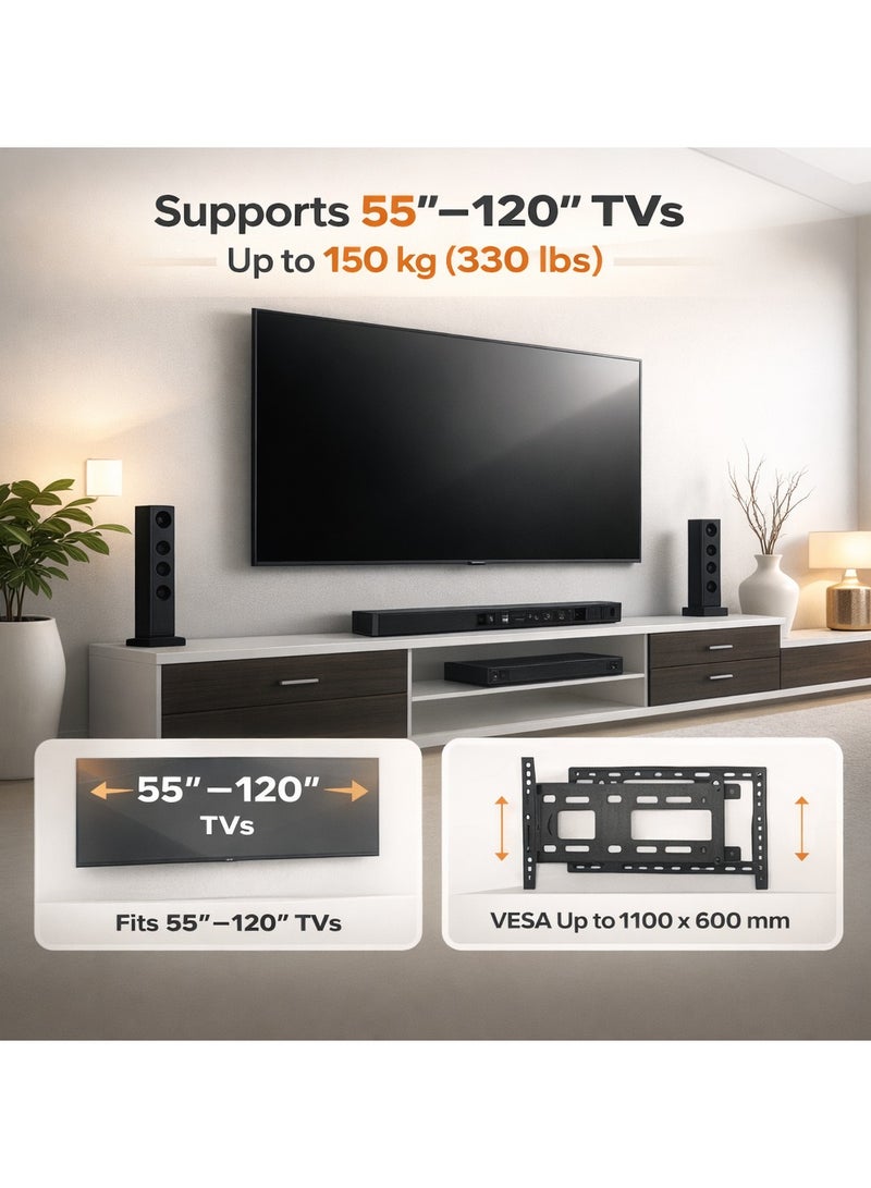 BEETEC Fixed TV Wall Mount Bracket for 55-120 Inch Flat Panel TVs up to 150 kg/330 lbs and up to 1100x600 VESA, TV Wall Bracket with Extra-Large Heavy-Duty Design, Black | TF-100F - Image 2